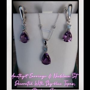 AMETHYST EARRINGS & NECKLACE SET W/ SKY-BLUE TOPAZ